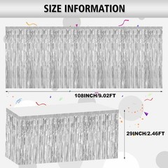 2 Pack 29.5×108 Inch Silver Foil Tinsel Fringe Table Skirts, Disposable Table…