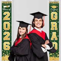 2Pcs 2026 Graduation Porch Banner Class of 2026 Congrats Grad Door Sign Decor
