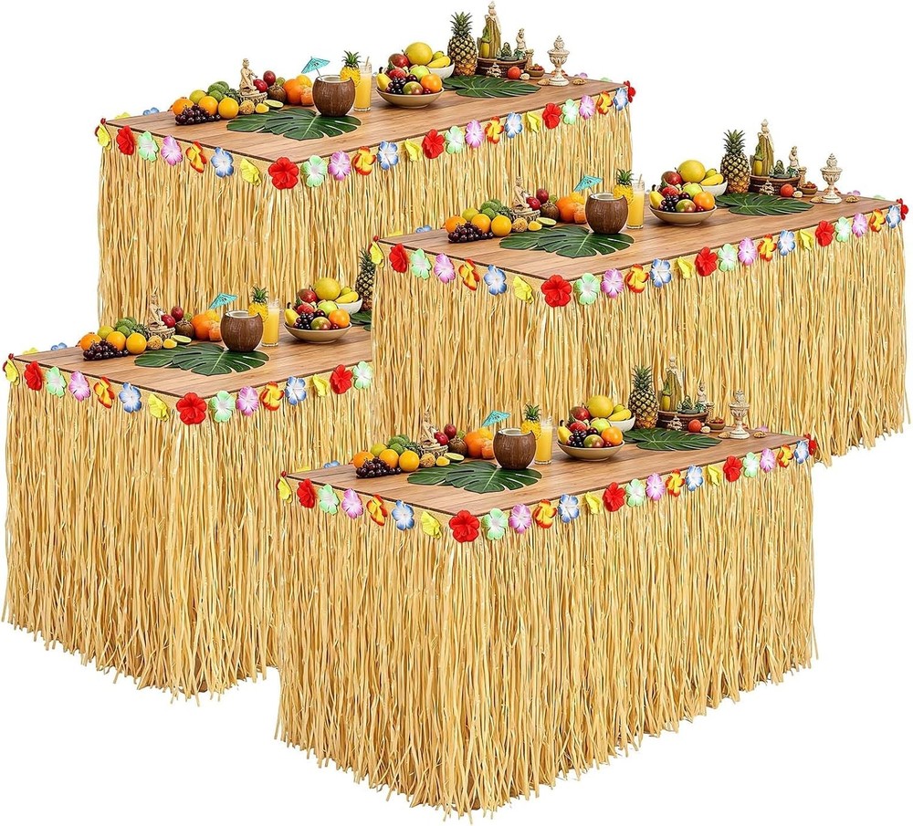 4 Pack Luau Grass Table Skirt, Luau Party Decorations, Natural 108″ x 29.5″