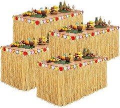 4 Pack Luau Grass Table Skirt, Luau Party Decorations, Natural 108″ x 29.5″