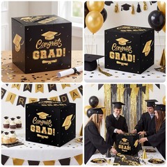 Graduation Decorations 2026 Card Box, Black Gold Congrats Grad Paper Gift Crad B