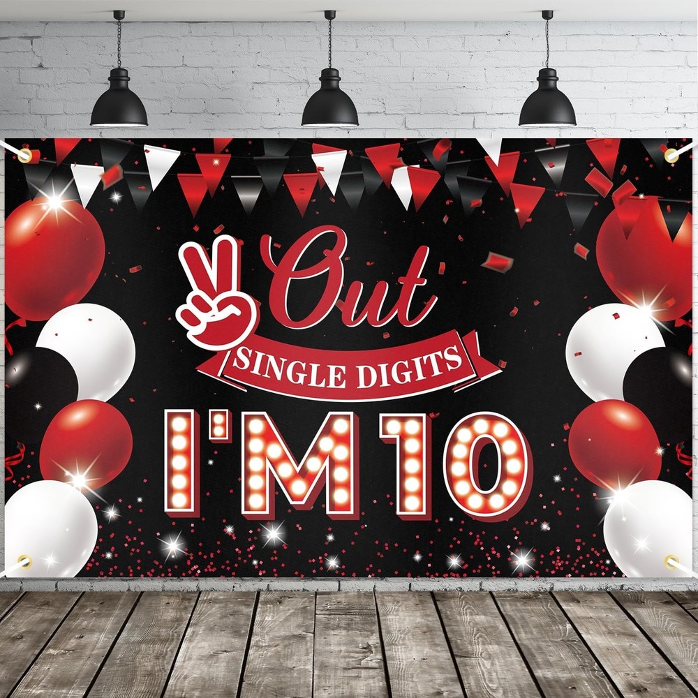 JOYKY Out Single Digits I’m 10 Banner, Red Black Happy 10th Birthday 10