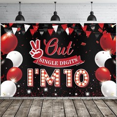 JOYKY Out Single Digits I’m 10 Banner, Red Black Happy 10th Birthday 10