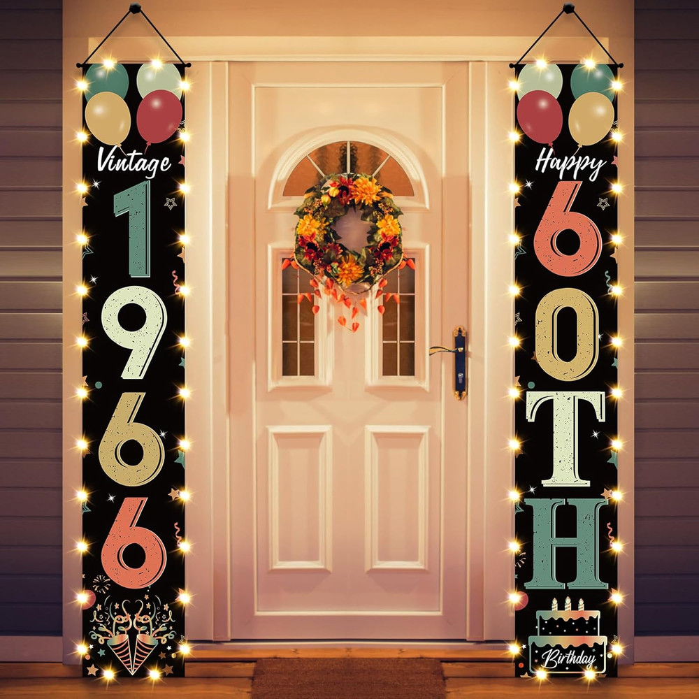 60Th Birthday Door Banner Lighted Decorations for Men Women, Black Colorful Vint