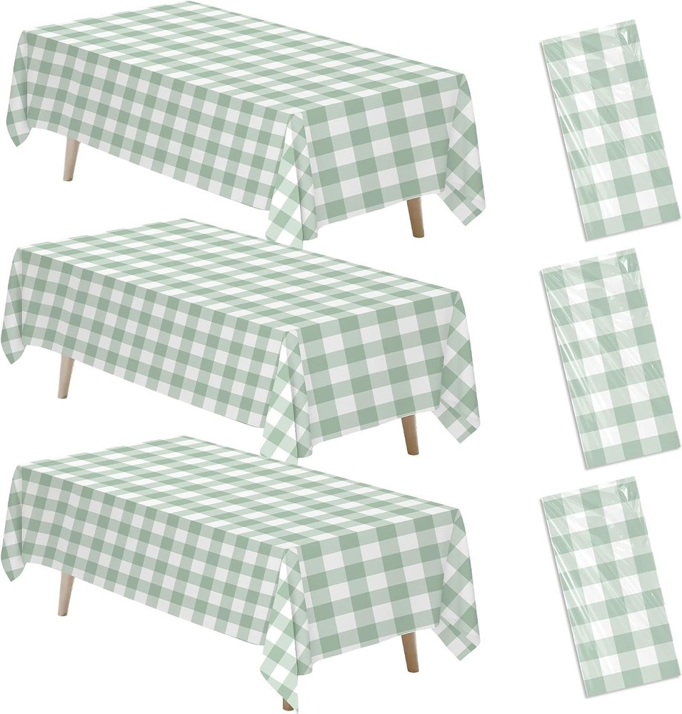 Sage Green Gingham Party Tablecloth Decorations, 3 Pack Green Checkered