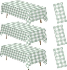 Sage Green Gingham Party Tablecloth Decorations, 3 Pack Green Checkered
