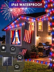 4th of July Solar String Lights – 400 LEDs, 132FT Red, White & Blue Waterproof