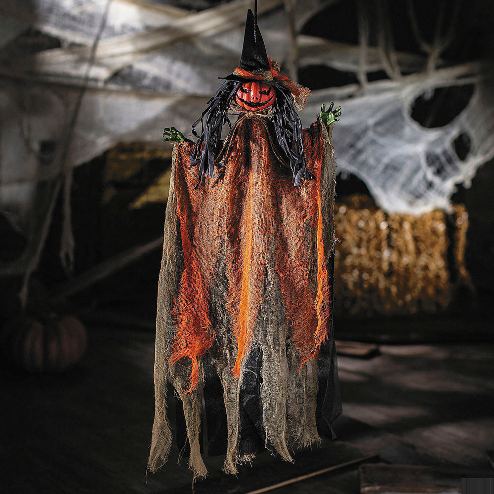 27 1/2″ Hanging Orange Pumpkinhead Scarecrow with Hat Halloween Decoration – ATC