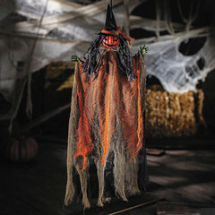 27 1/2″ Hanging Orange Pumpkinhead Scarecrow with Hat Halloween Decoration – ATC