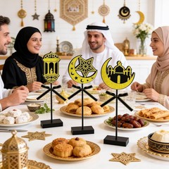 3-Piece Ramadan Wooden Table Decorations, Black Gold Eid Mubarak Table Topper Se