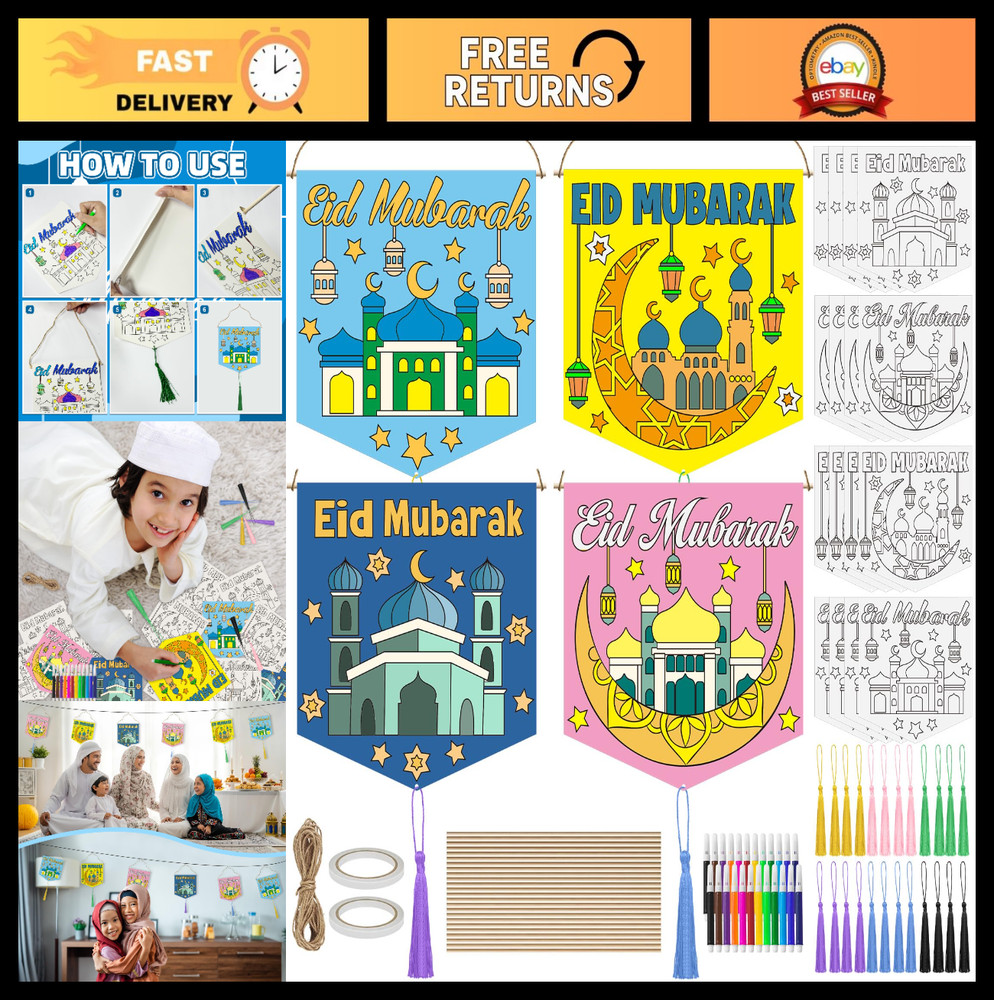 24 Sets Ramadan DIY Coloring Banner Kit – Eid Mubarak Decorations & Crafts