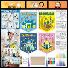 24 Sets Ramadan DIY Coloring Banner Kit – Eid Mubarak Decorations & Crafts