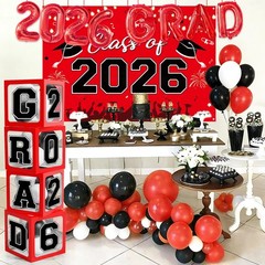 Graduation Decorations 2026, Red Black Graduation Party Decorations 123pcs Ba…