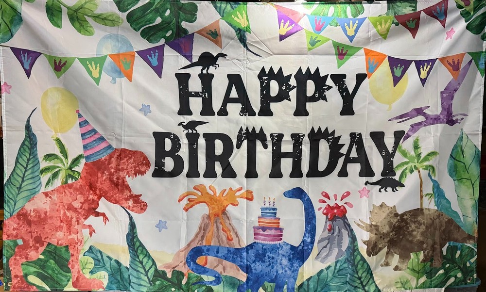 Dinosaur HAPPY BIRTHDAY Banner 72.8″ W x 43.3″ H – Polyester Fabric