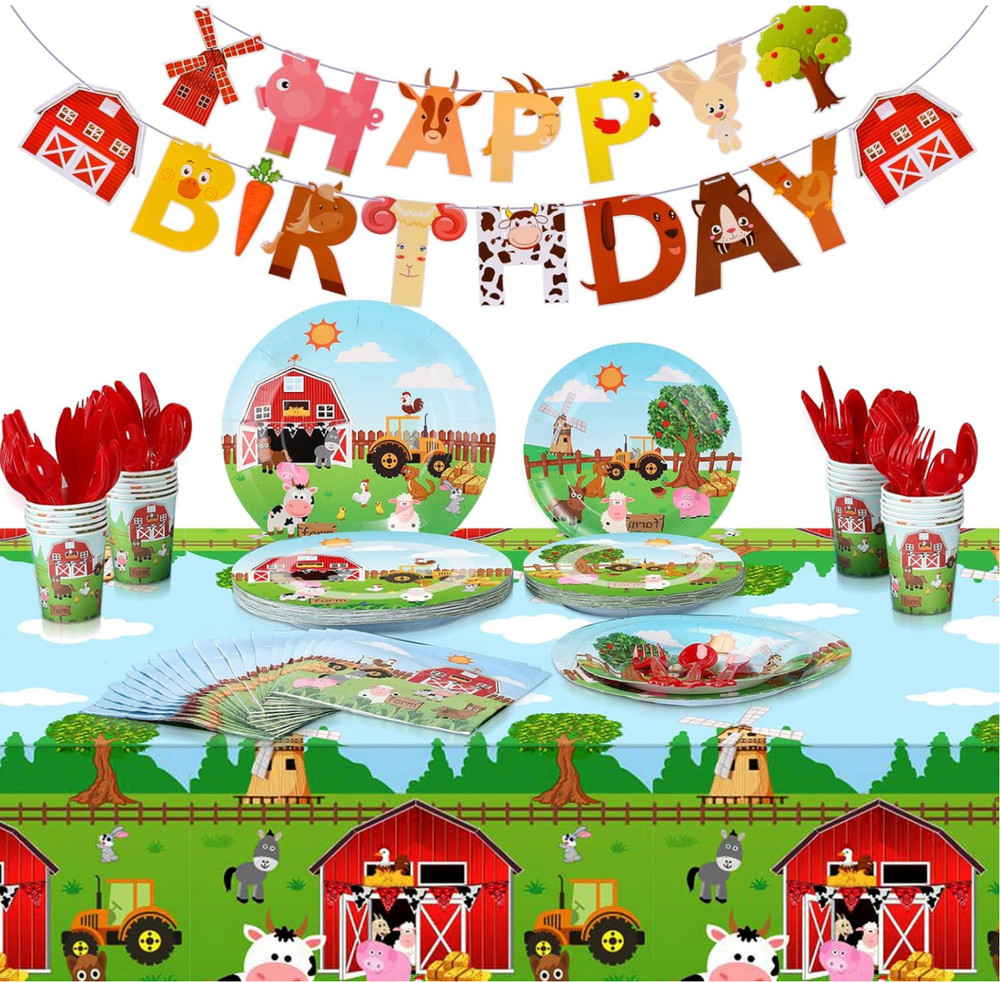 Pajean 171 Pcs Farm Animals Birthday Party Supplies, 24 Guests Barnyard Theme