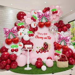 Cherry Balloon Arch Kit, Burgundy Pink White Transparent Pink Bow Red Cherry