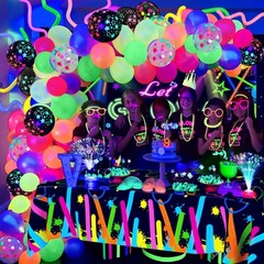 161Pcs Neon Party Decorations – Glow in the Dark Balloons, Arch Kit & Tablecloth
