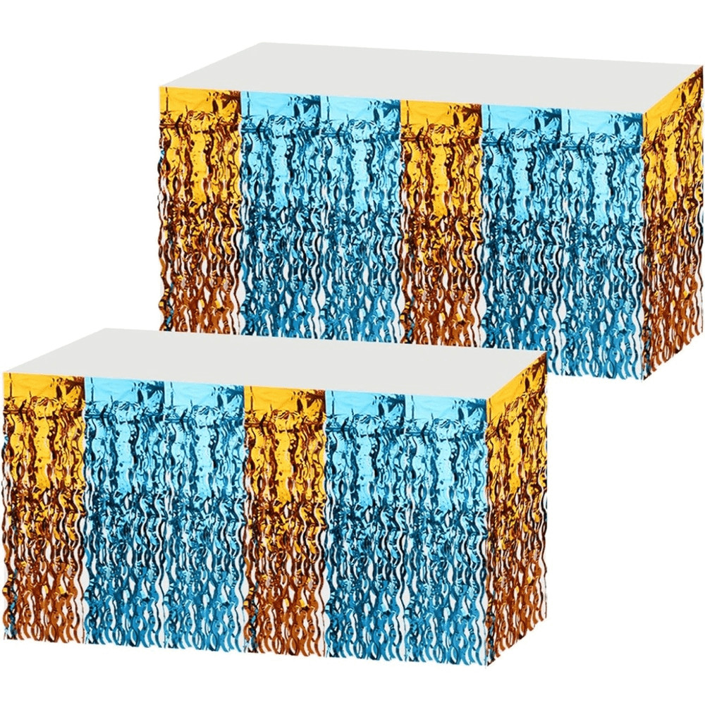 2 Pack Tinsel Foil Fringe Table Skirt, 108.3 x 29.5” Blue Orange Wavy Party