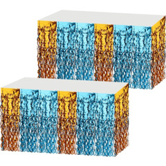 2 Pack Tinsel Foil Fringe Table Skirt, 108.3 x 29.5” Blue Orange Wavy Party
