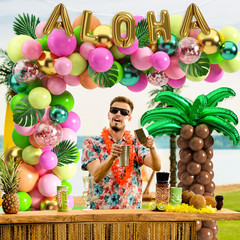 Tropical Luau Balloons Arch Garland Kit Luau Party Decorations with Palm Leaves