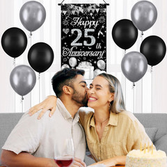 Happy Anniversary Decorations Small Banner Black Silver Happy 25Th Anniversary C