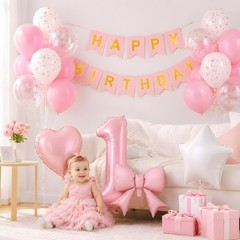 1st Pink Bow Birthday Decorations for Girls,Pink White Clear Bow Latex Balloo…