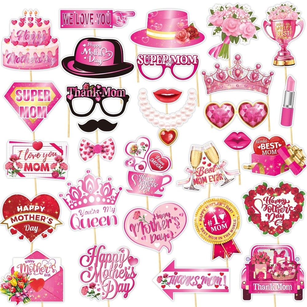 30 PCS Mothers Day Photo Booth Props Birthday Photography Selfie Floral Funny