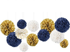 Wedding Party Decorations – 12 PCS Navy Blue and Gold Tissue Paper Pom Poms for