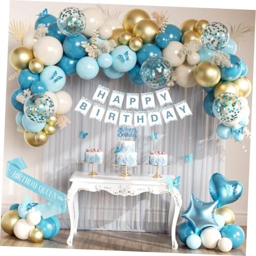 Upgraded Birthday Decorations, Happy Birthday Banner, Sash, Dusty Gold Blue
