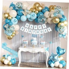 Upgraded Birthday Decorations, Happy Birthday Banner, Sash, Dusty Gold Blue