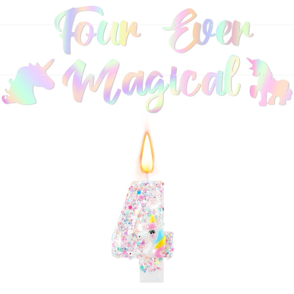 Four Ever Magical Unicorn Banner with Glitter Number 4 Birthday Candles, Unic…