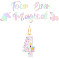 Four Ever Magical Unicorn Banner with Glitter Number 4 Birthday Candles, Unic…
