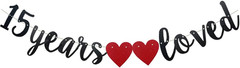 15 Years Loved Banner,Pre-Strung, Black Paper Glitter Party Decorations for 15TH