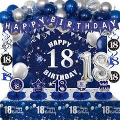 18th Decorations for Boys Girls Blue Silver, Happy 18th Banner 18 Balloon Num…