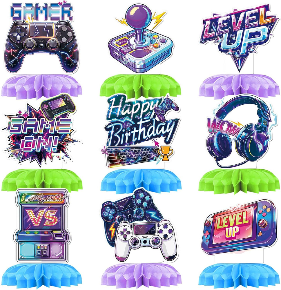 9 Pcs Video Game Birthday Decorations Gamer Honeycomb Centerpieces Game on and L