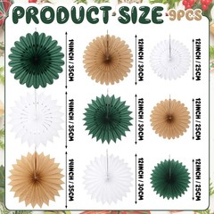 Hanging Large Paper Fans Neutral Brown Green White Ornament Kit 9 PCS