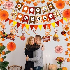 Give Thanks Pumpkin Maple leaf Paper Banner Triangle Flag Bunting Hanging