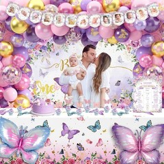 134pcs Purple Butterfly Birthday Decorations for Girl, 1st Birthday Decorations