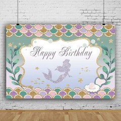 Mermaid Happy Birthday Vinyl Backdrop Photo Booth 5 Ft x 7 Ft Hanging Background