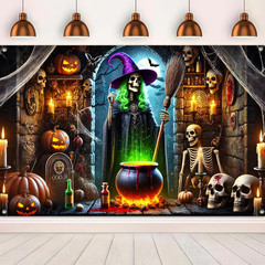Halloween Witch Banner 71X43 Inch Backdrop with Glowing Pumpkins, Skeletons, Cau