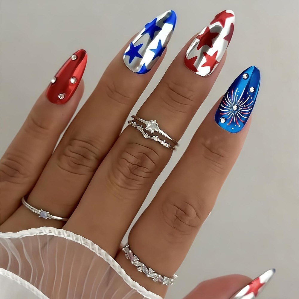 July 4th Fireworks Press On Nails 24pc Rhinestone Fake Nails