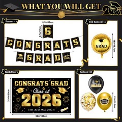 Class of 2026 Graduation Party Decor Kit Black Gold Banner Balloons Centerpieces