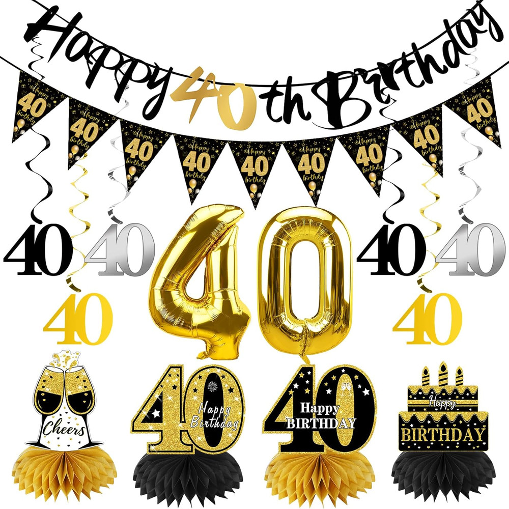13PCS 40Th Birthday Decorations for Men Women, Black Gold Happy 40 Birthday Bann