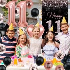 Rose Gold Happy 11th Birthday Decorations – Banner, Backdrop, Balloons, Pompo…