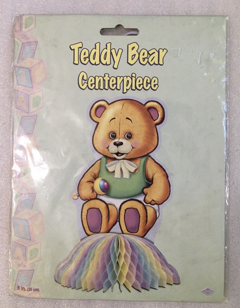 Beistle Teddy Bear 8″ Honeycomb Table Centerpiece Rainbow Baby Rattle 2003 NEW