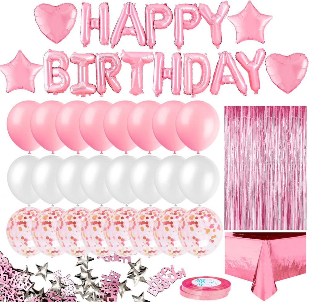 Pink Birthday Party Decoration, Happy Birthday Banner, Rose Gold Fringe Curtain,