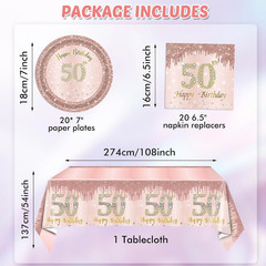 50th Birthday Decorations for Women Rose Gold 50 Years Old Party Tableware Set I