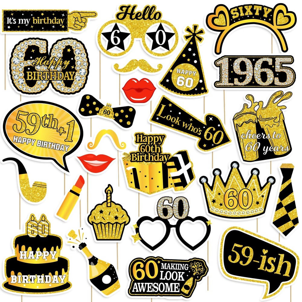 60th Birthday Photo Booth Props for Women & Men Black Gold Adult 60th Birthda…