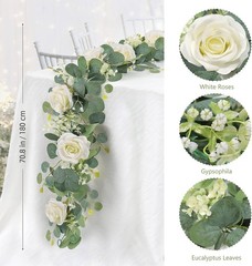 2Pcs(13 Ft) Artificial Eucalyptus Flower Garland with White Rose Flowers,Faux