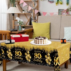 80th Birthday Tablecloth, 3Pcs Black Gold 80th Birthday Decorations Table Cloth